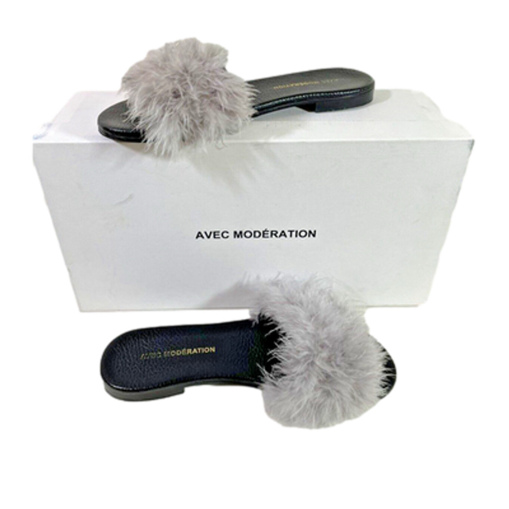 Avec Moderation Bora Bora Slides Womens 35 Pearl Gray #12 Marabou Feathers Italy